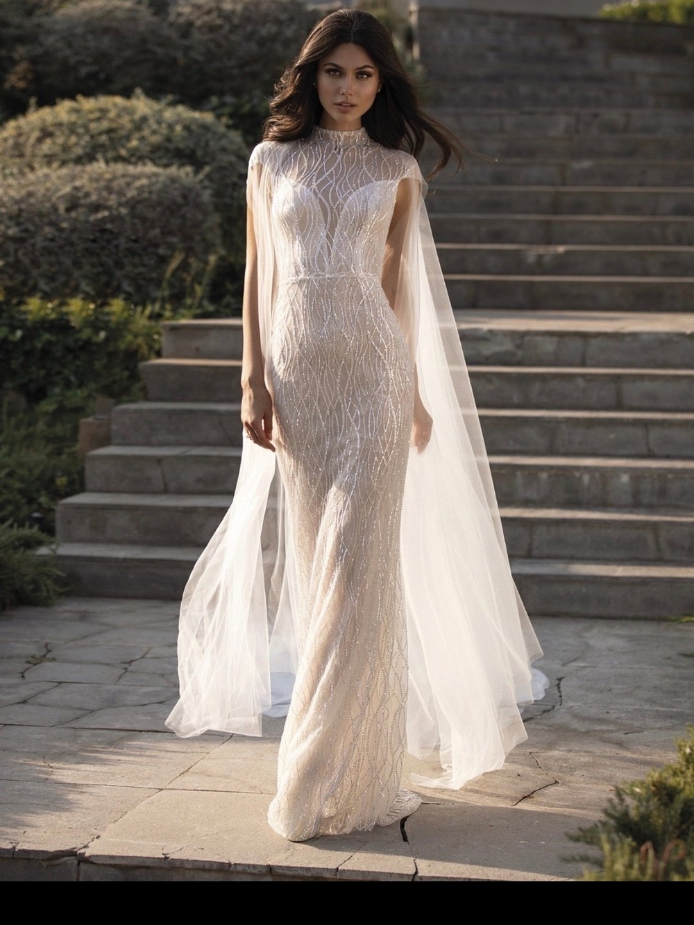 Pronovias Irene Champagne-Beaded Cape Sheath Wedding Gown Size 12 Nwt - Picture 1 of 5